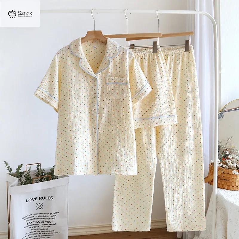 Womens Breathable Cotton Crepe Three-piece Pajama Set