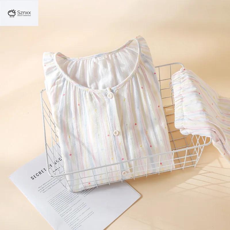 Womens Cotton Gauze Long-sleeve Pajama Cardigan Set