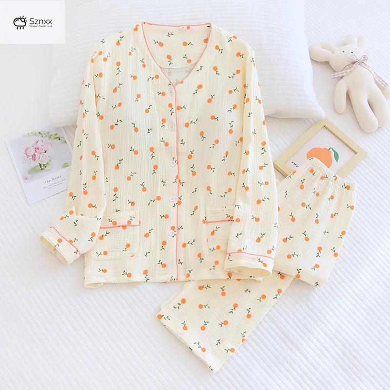 Floral Crepe Cotton Long-sleeve Pajama Set With Chest Pad