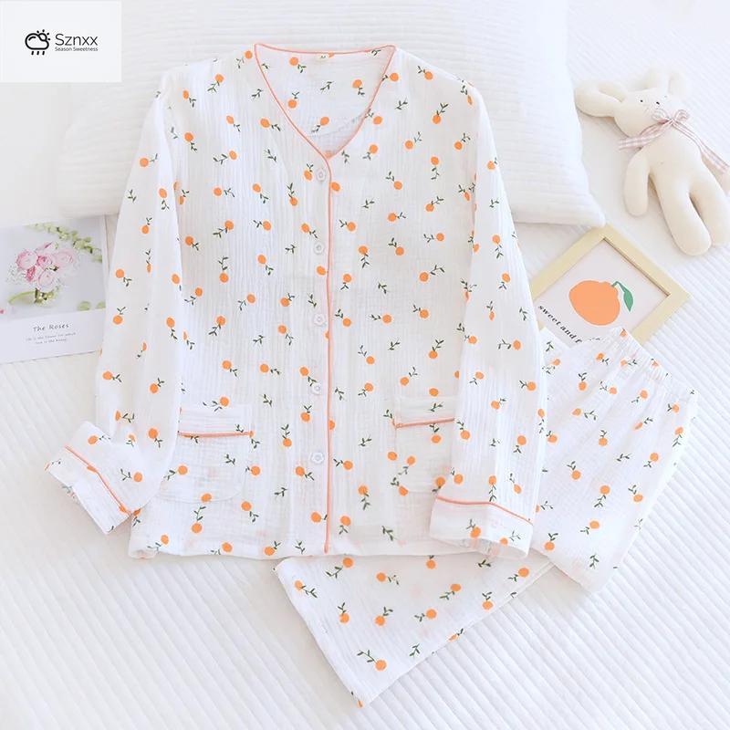 Floral Crepe Cotton Long-sleeve Pajama Set With Chest Pad