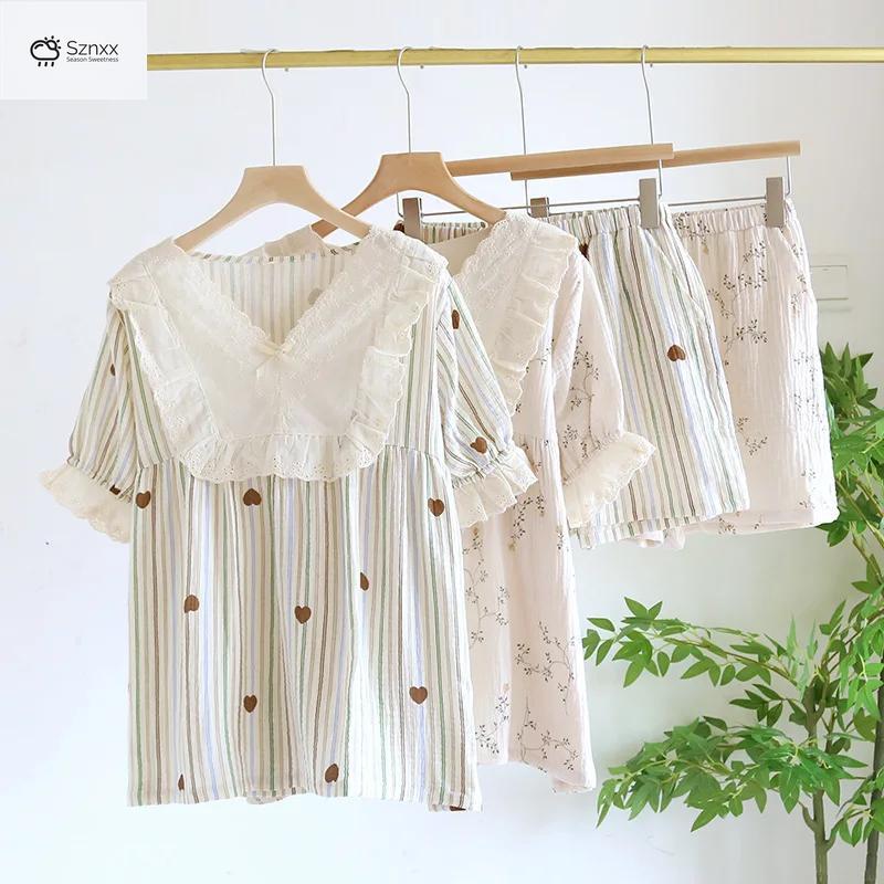 Lace-trimmed Cotton Crepe Short Sleeve Pajama Set