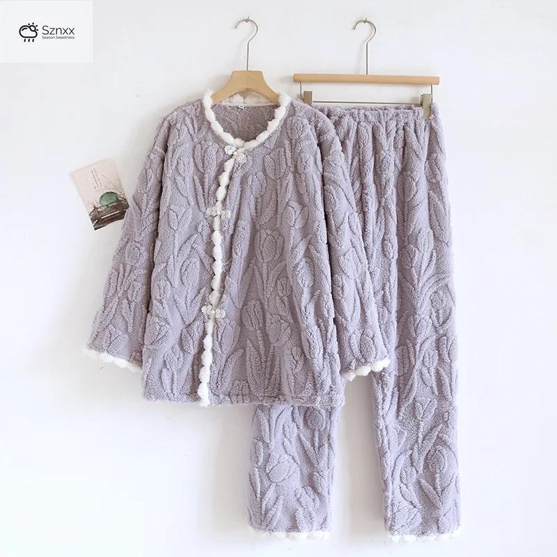 Womens Thickened Coral Fleece Pajama Set