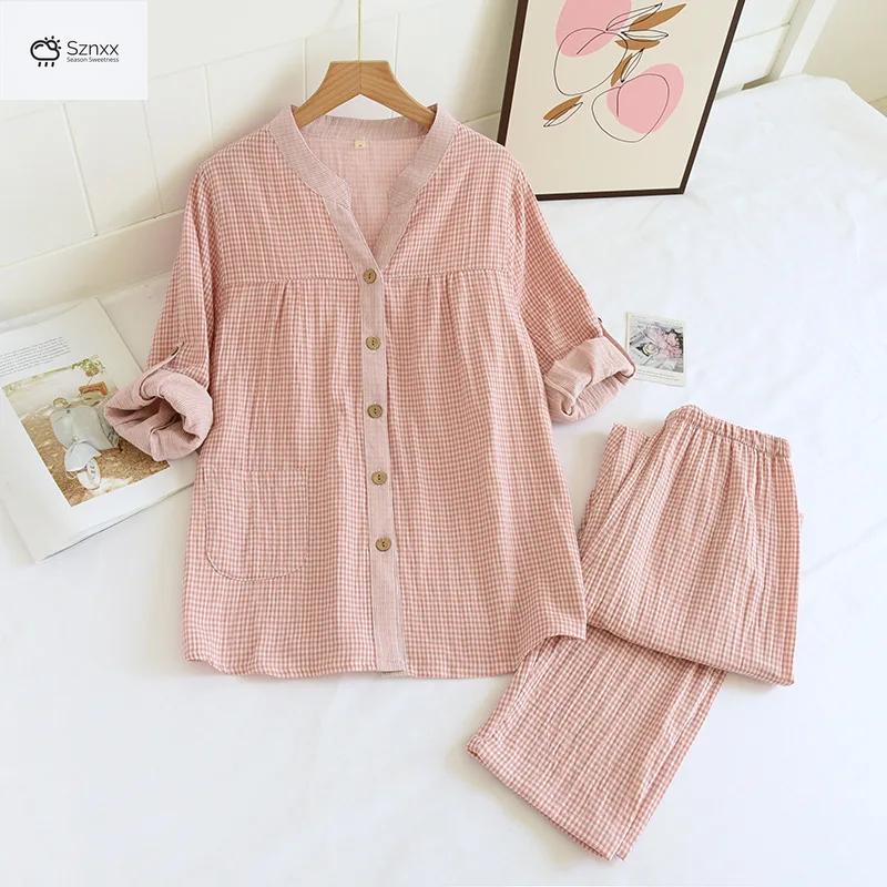 Womens Cotton Plaid Long-sleeve Pajama Set