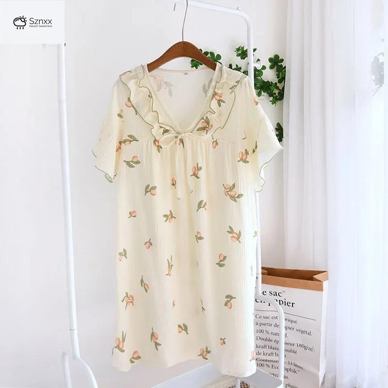 Floral Cotton Crepe Short Sleeve Pajama Dress