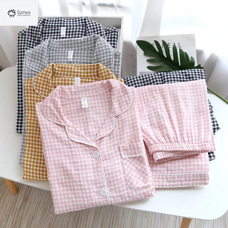 Soft Cotton Gauze Plaid Couple Pajama Set