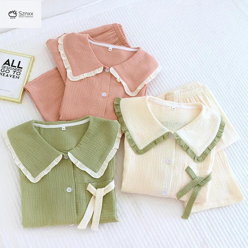 Soft Cotton Crepe Long-sleeve Pajama Lounge Set
