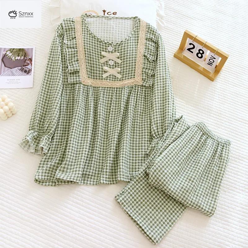 Japanese Cotton Plaid Long-sleeve Pajama Set