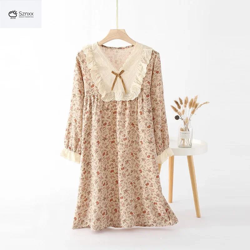 Floral Cotton Crepe Long-sleeve Lounge Nightgown