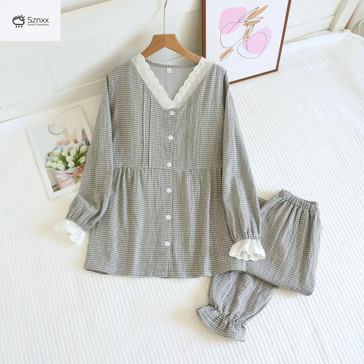Womens Cotton Grid Pajama Set With Edge Collar