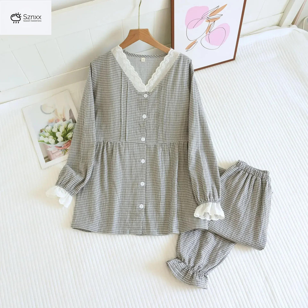Womens Cotton Grid Pajama Set With Edge Collar