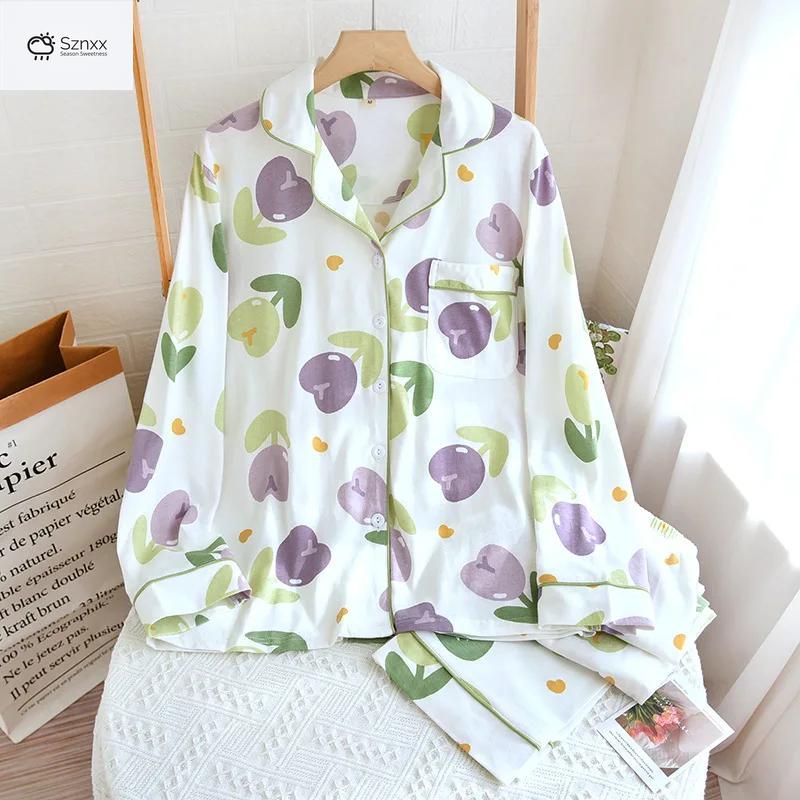 Womens Knitted Polo Collar Floral Pajama Set