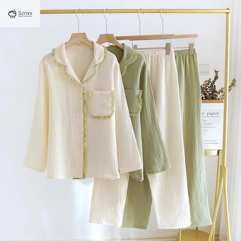 Womens Crepe Cotton Lapel Pajama Set Loose Fit