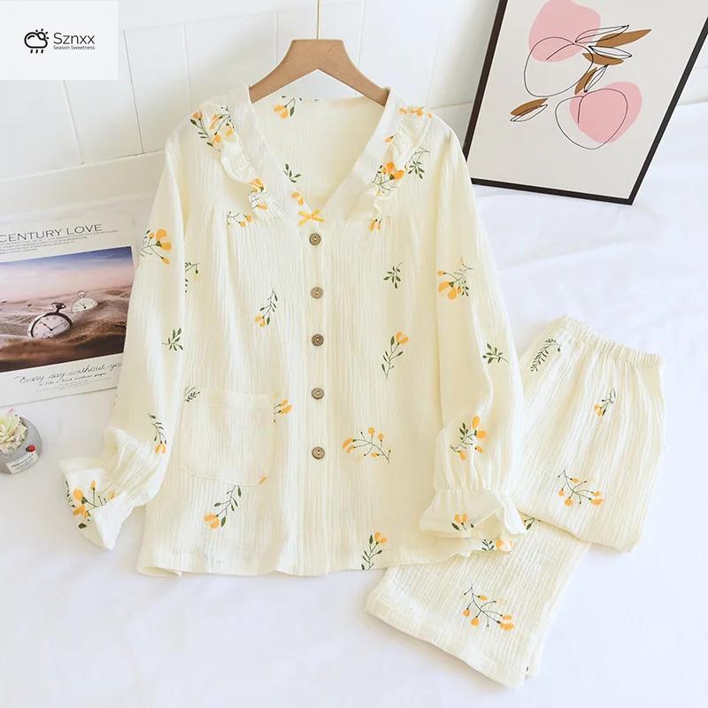 Womens Floral Crepe Cotton Long Sleeve Pajama Set