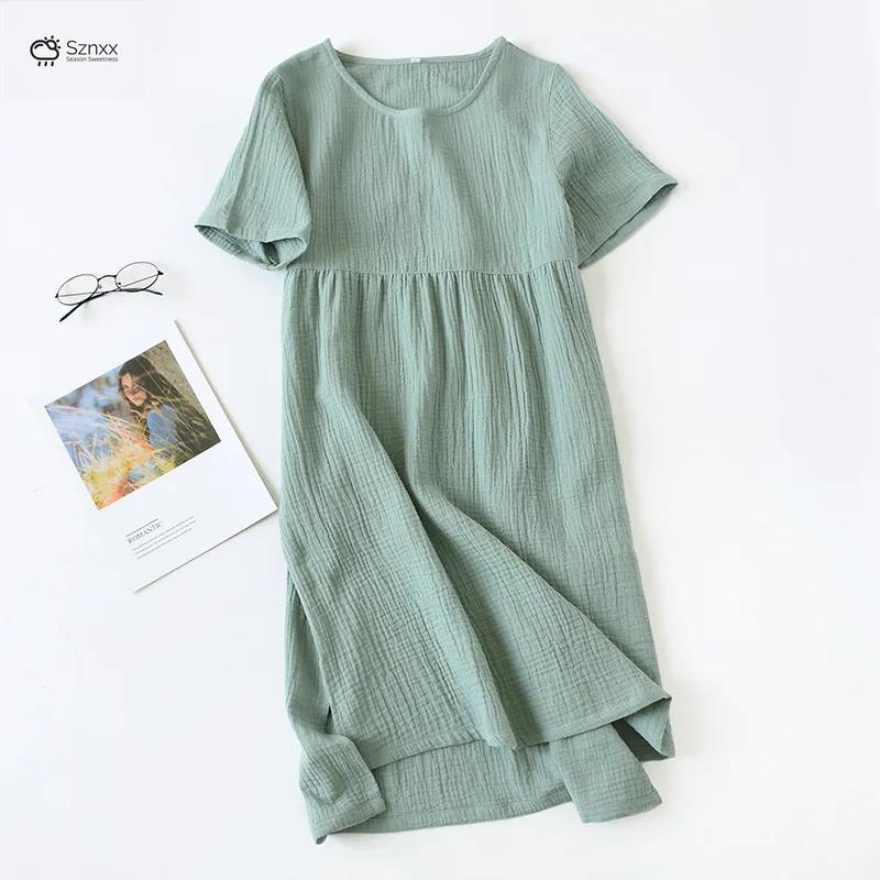 Soft Cotton Gauze Long Nightgown With Round Neck