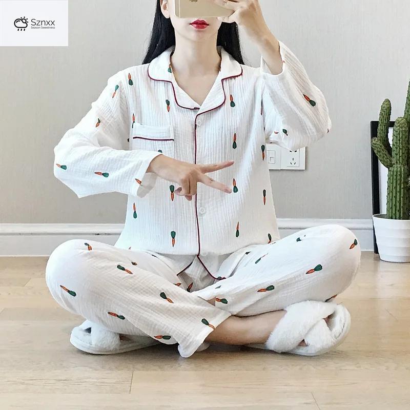 Womens Cotton Crepe Long-sleeve Pajama Lounge Set