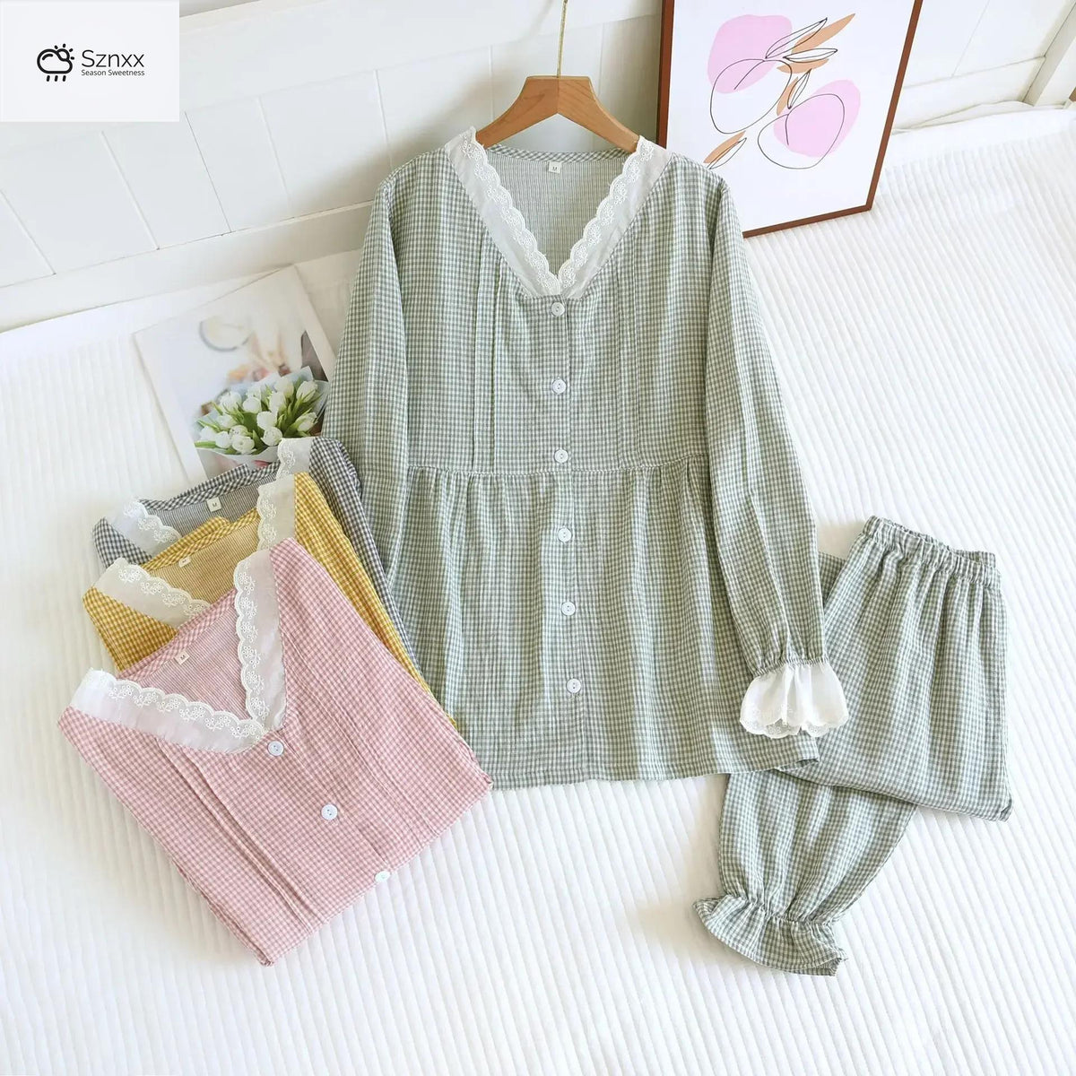 Womens Cotton Grid Pajama Set With Edge Collar