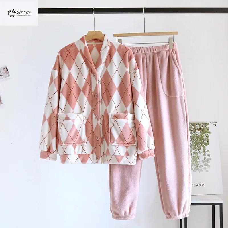Thickened Flannel Couple V-neck Pajama Set