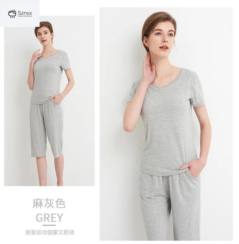 Soft Modal Pajama Set With Chest Pad Cropped Trousers