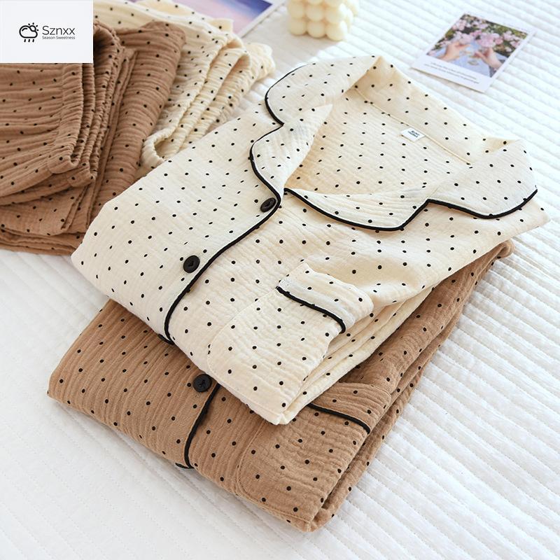 Polka Dot Cotton Crepe Pajama Set Long-sleeve