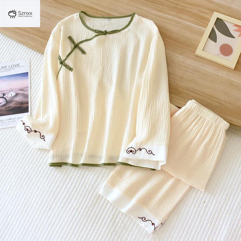 Womens Cotton Crepe Long-sleeve Pajama Set