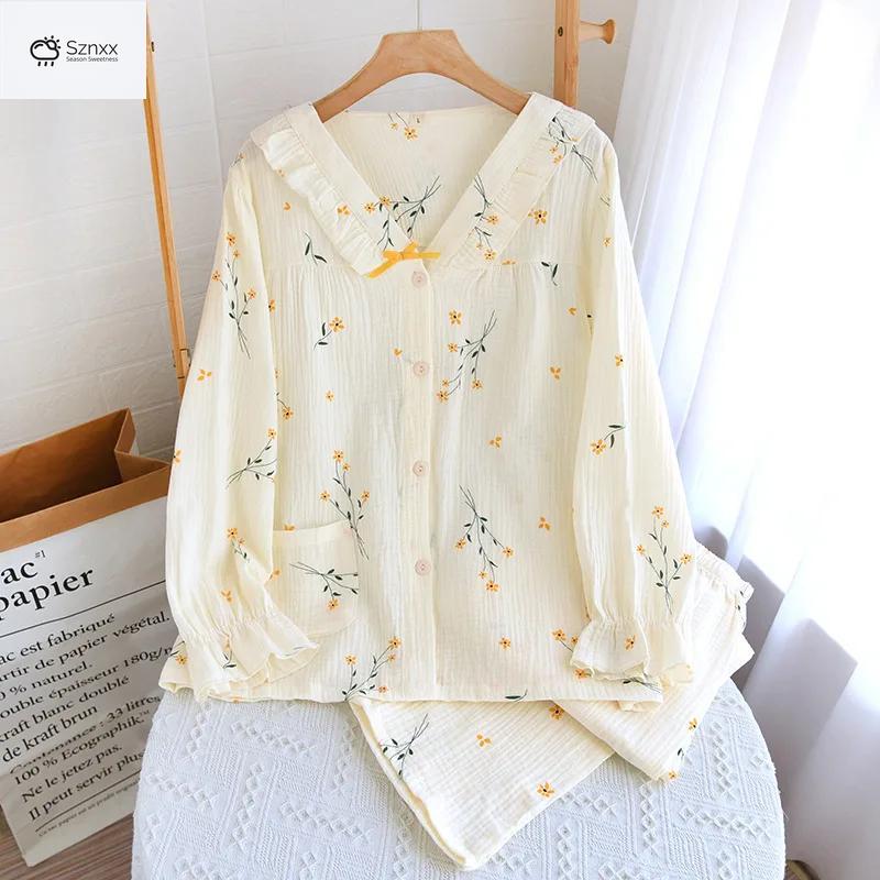 Womens Floral Crepe Cotton Long Sleeve Pajama Set