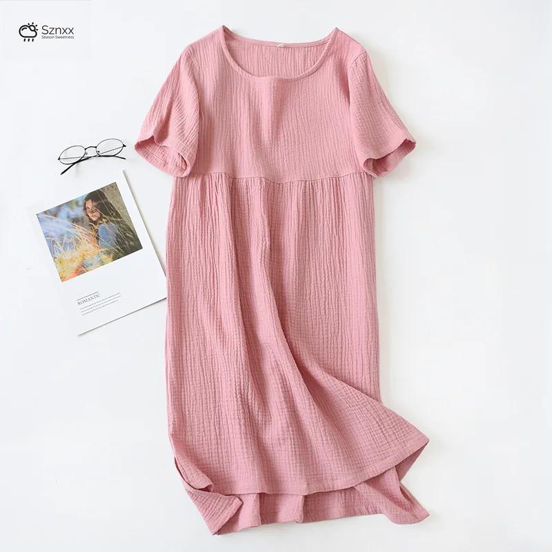 Soft Cotton Gauze Long Nightgown With Round Neck