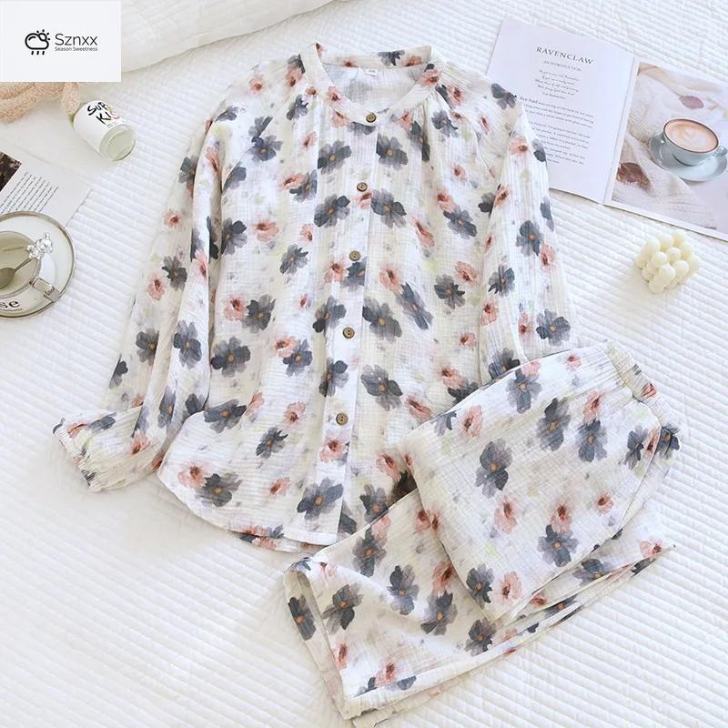 Womens Floral Cotton Long Sleeve Pajama Set