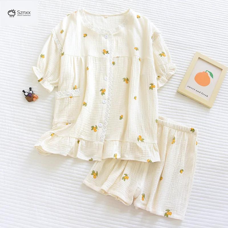 Womens Breathable Cotton Crepe Short-sleeve Pajama Set