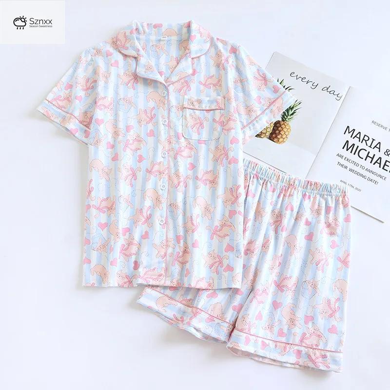 Soft Knit Cotton Womens Short Sleeve Pajama Set