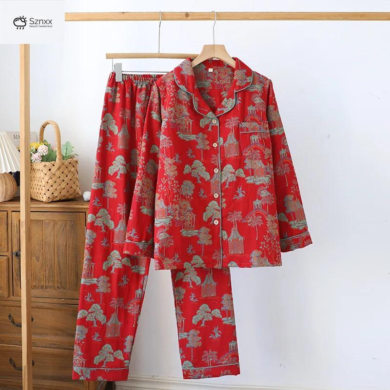Retro Floral Cotton Women’s Long Pajama Set