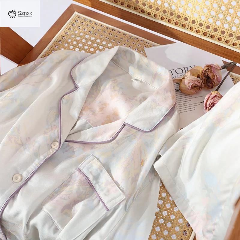 Womens Floral Viscose Long Sleeve Pajama Lounge Set