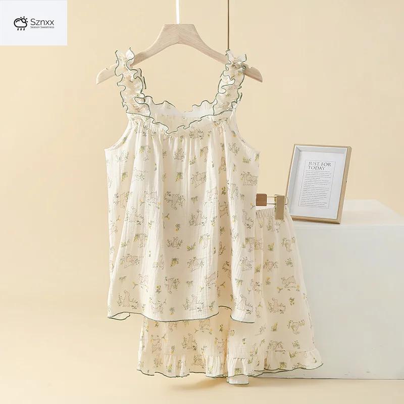 Sweet Floral Cotton Crepe Sling Pajama Set