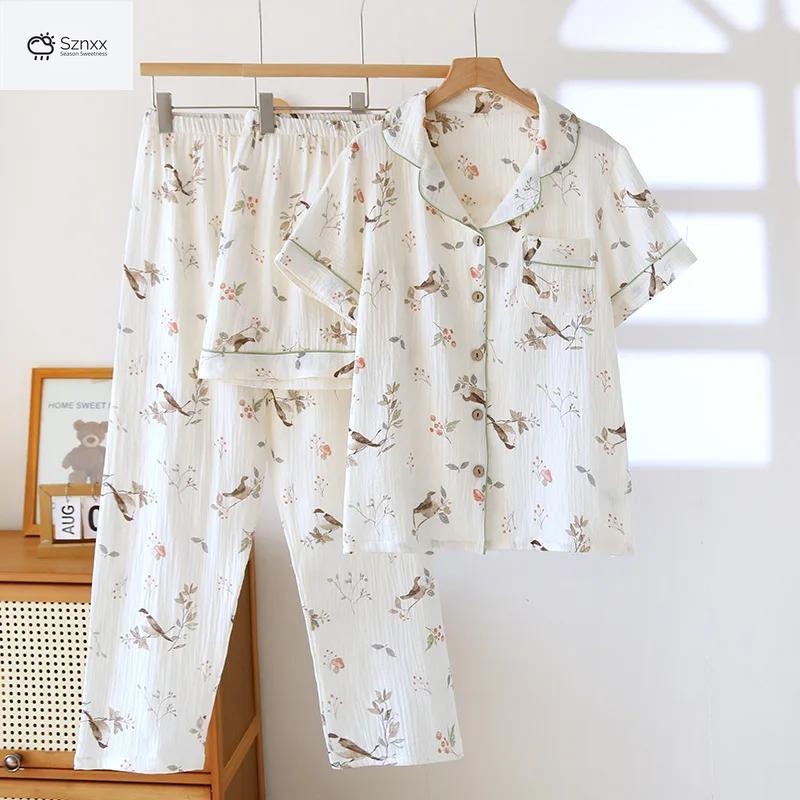 Womens Cotton Crepe Thin Pajama Three-piece Set