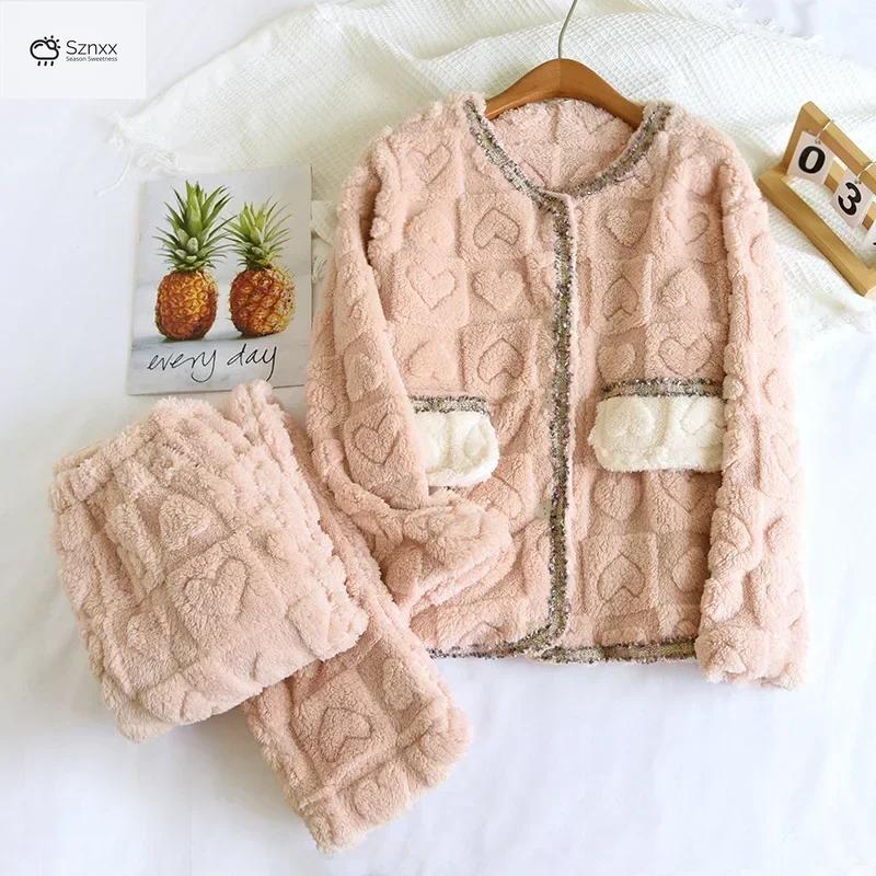 Womens Thickened Coral Fleece Pajama Set