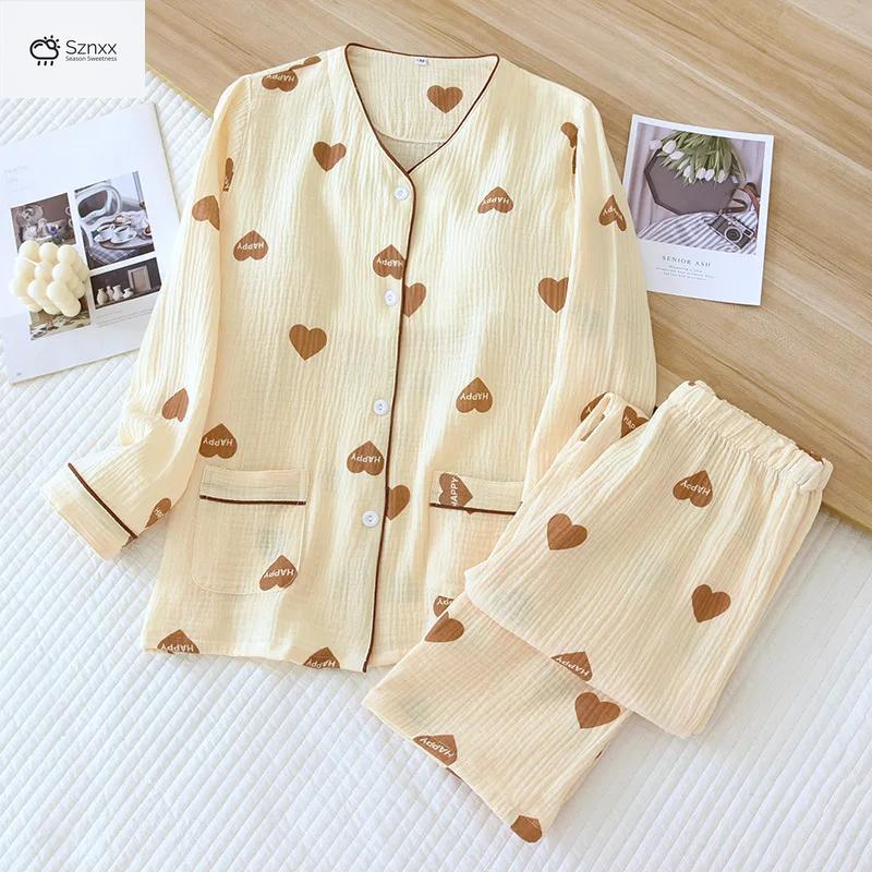 Floral Crepe Cotton Long-sleeve Pajama Set With Chest Pad
