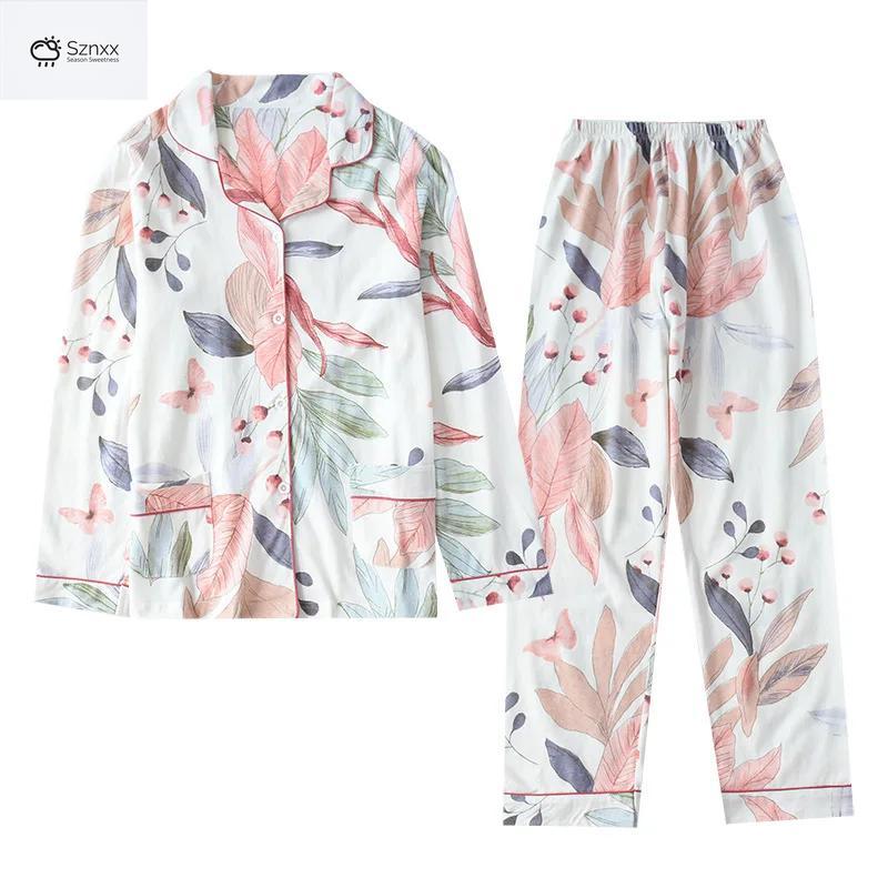 Floral Cotton Lapel Pajama Set For Women