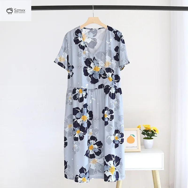 Floral Viscose Short Sleeve V-neck Nightdress For Women