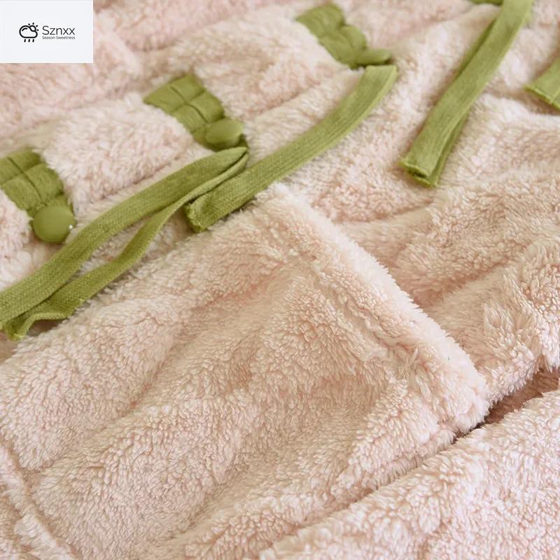 Womens Thickened Flannel Pajama Set With Buckle