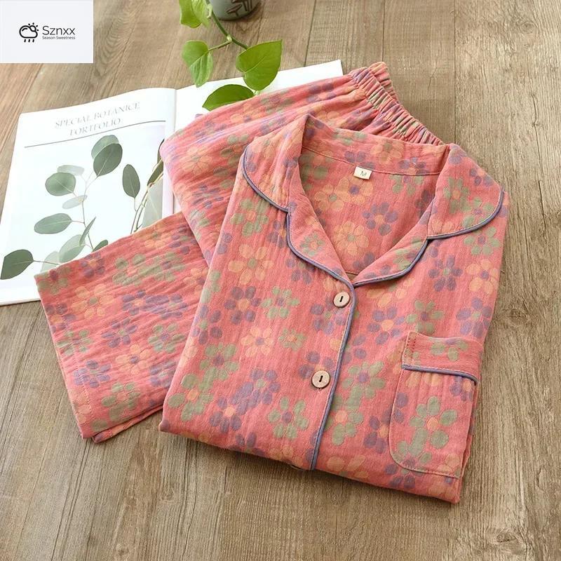 Floral Crepe Cotton Long-sleeve Pajama Lounge Set