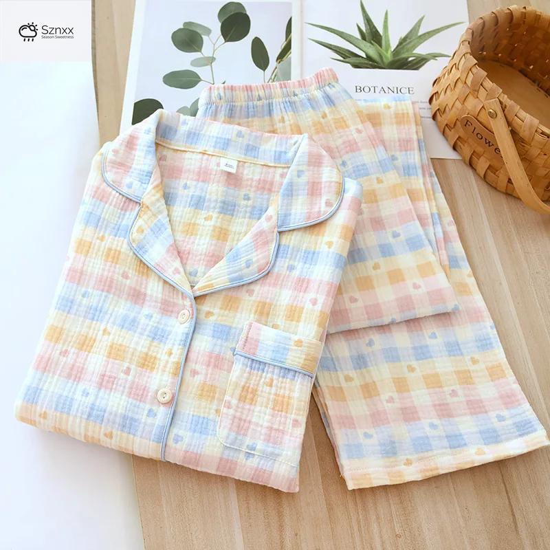 Womens Cotton Crepe Plaid Long Sleeve Pajama Set