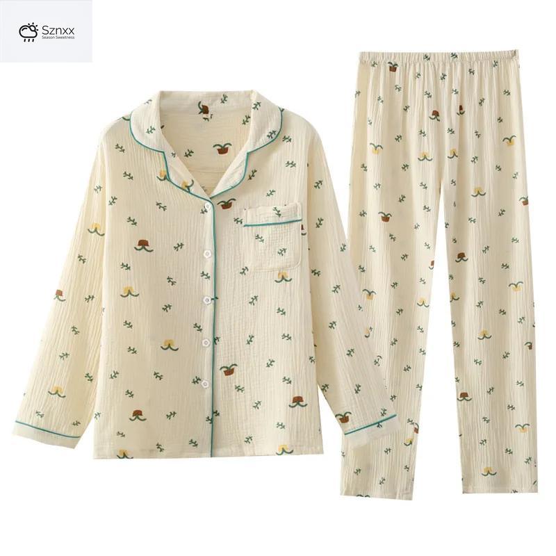 Japanese Crepe Cotton Long-sleeve Pajama Set
