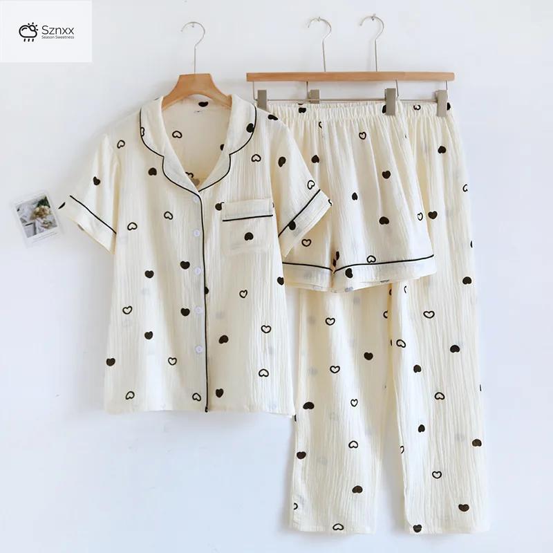 Japanese Crepe Cotton Loose Pajama Three-piece Set