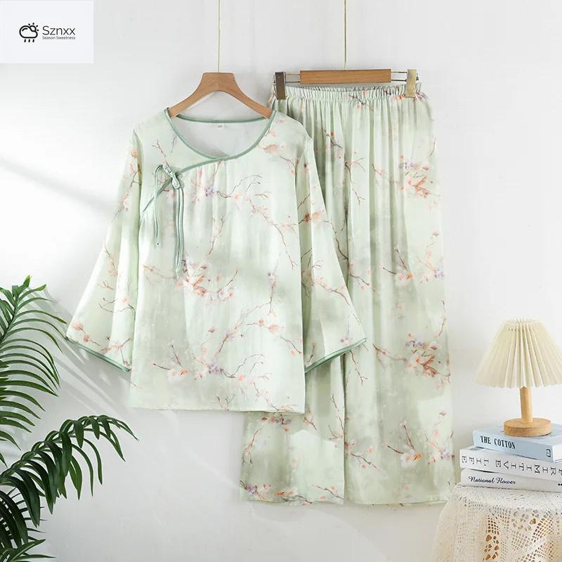 Womens Bamboo Fiber Floral Pajama Set With Relaxed Pants