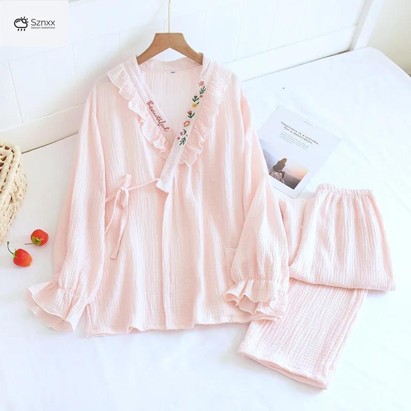 Japanese Cotton Crepe Kimono Pajama Two-piece Set