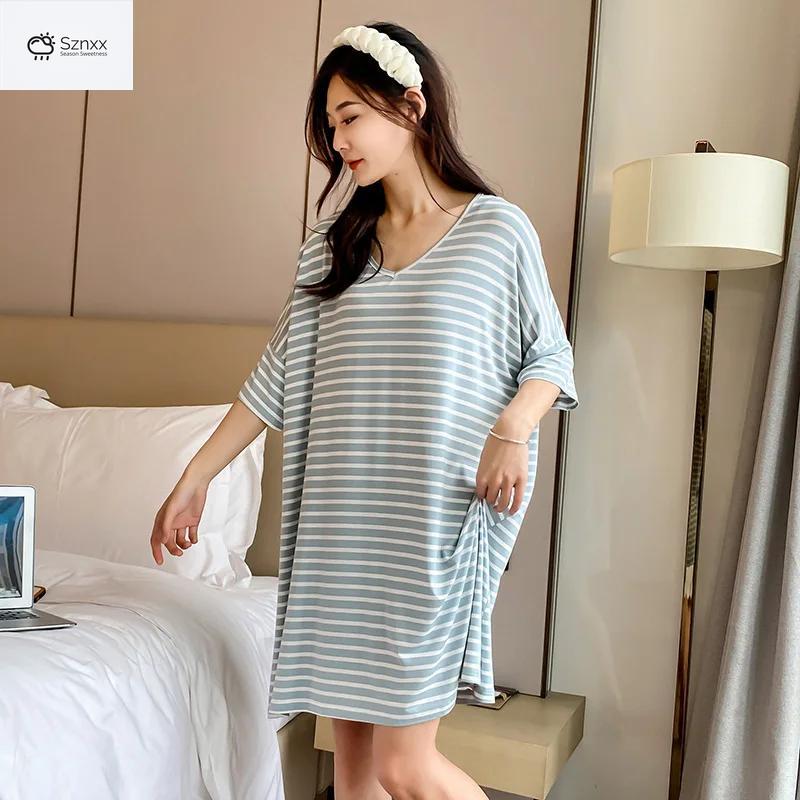 Striped Modal Short-sleeve Nightgown With Skirt Hem