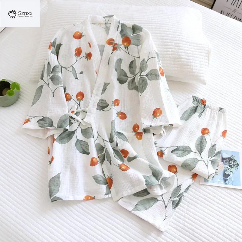 Japanese-inspired Cotton Kimono Pajama Set With Loose Trousers