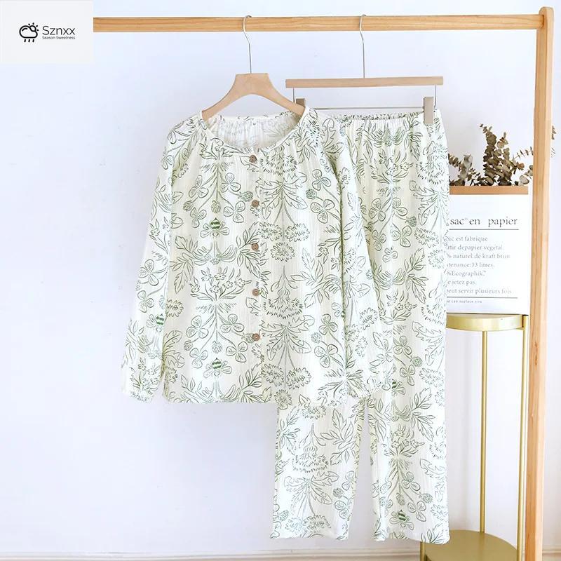 Womens Pure Cotton Crepe Long-sleeve Pajama Set