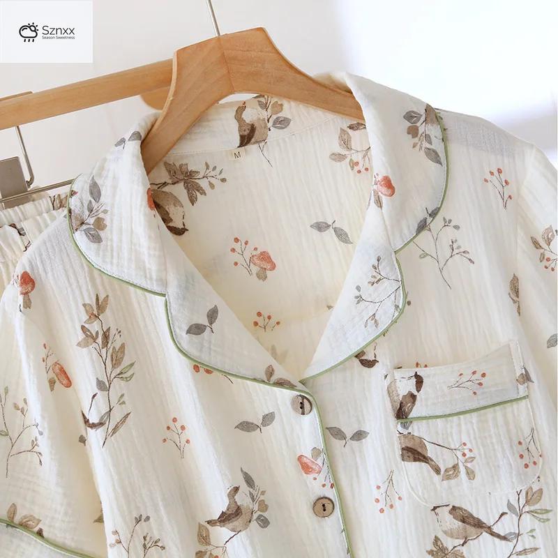 Womens Cotton Crepe Thin Pajama Three-piece Set