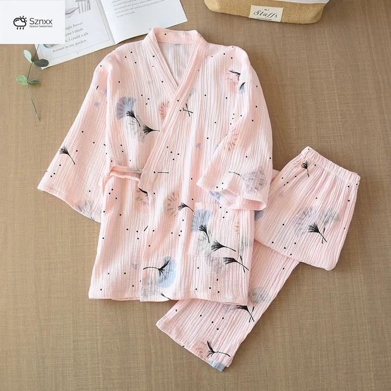 Japanese-inspired Cotton Kimono Pajama Set With Loose Trousers