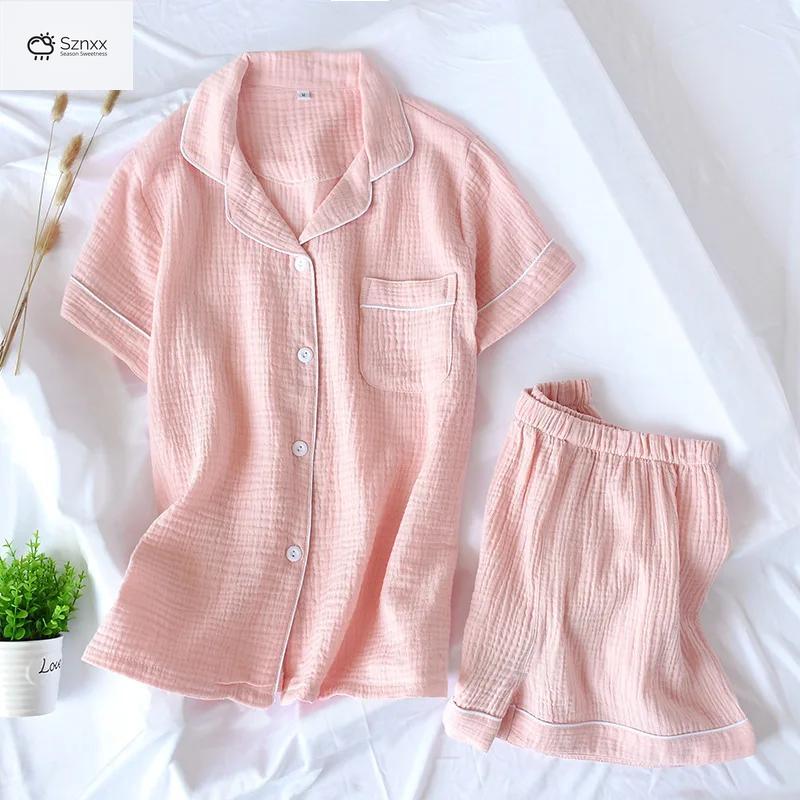 Womens Breathable Double-layer Crepe Gauze Pajama Set